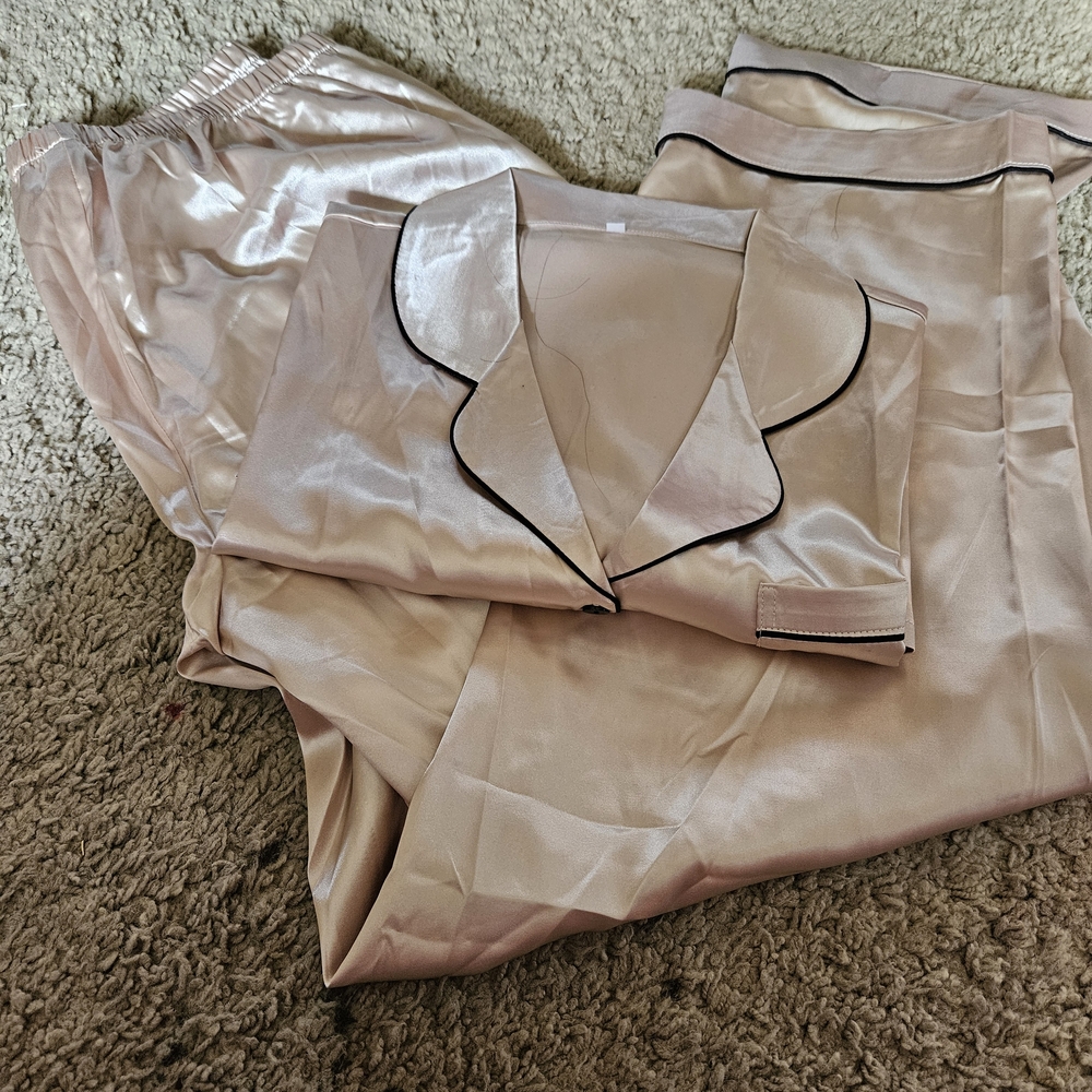 Silky Light Blush Pink Pajama Set with Black Piping